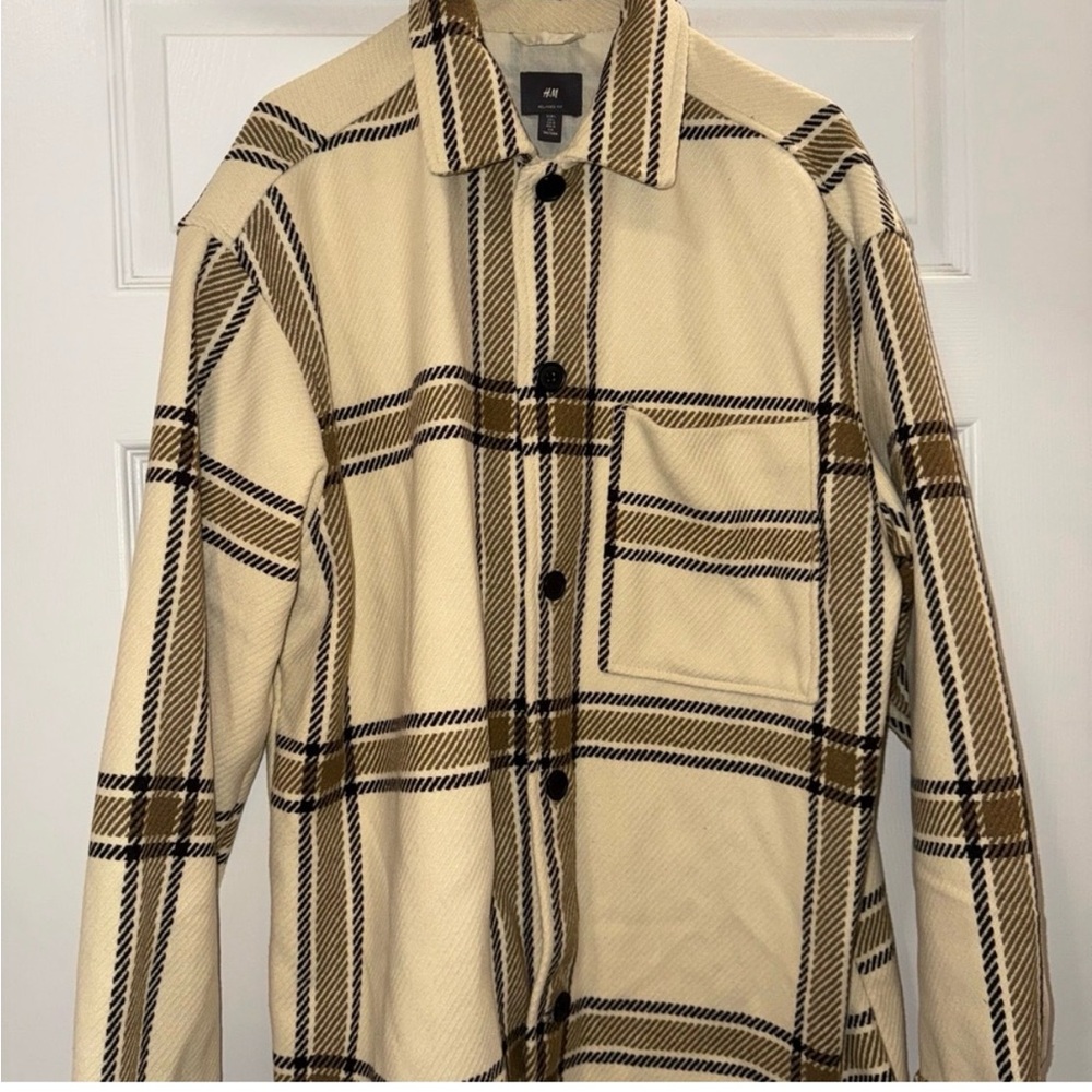 H&M Cream Plaid Shirt Jacket with Brown and Black Check
